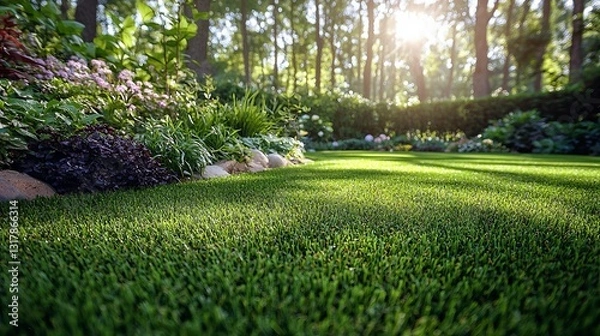 Fototapeta Lush Green Lawn Surrounded by Vibrant Flowers in Sunlit Forest Setting