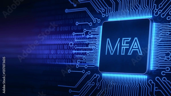 Fototapeta MFA Technology – Multi-Factor Authentication Chip on a Futuristic Blue Circuit Board,  cloud computing concept, cloud technology, Saas, Paas, Iaas. AWS Service, OTP security, secure login