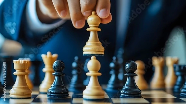 Fototapeta Strategic Move: A person's hand carefully positions a bishop on a chessboard, symbolizing strategic planning, competition, and intellectual prowess. It's a game of focus, concentration, and foresight.