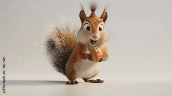 Fototapeta A squirrel holding a nut with an overly dramatic expression, standing upright on a clean white surface. 