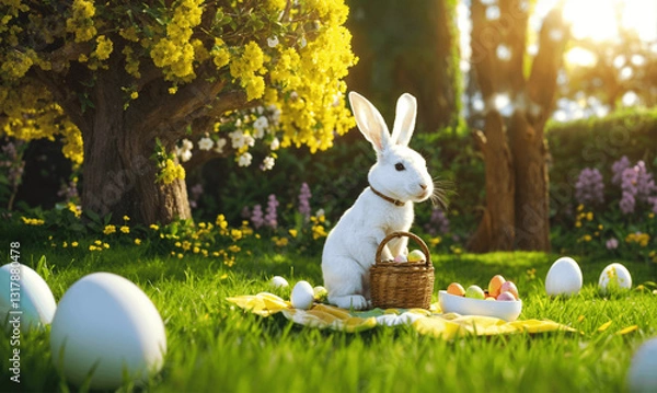 Obraz Easter Bunny and Easter Eggs in a Basket outdoor in Garden