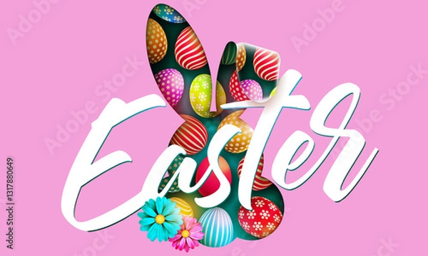 Obraz Happy Easter Illustration with Colorful Painted Egg and Rabbit Ears 