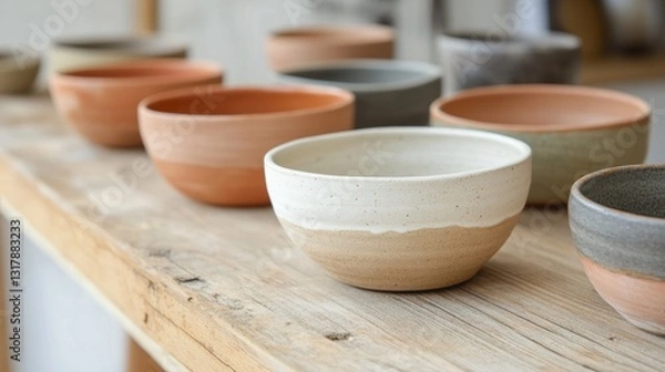 Fototapeta A collection of handmade ceramic bowls in various colors and shapes, arranged on a wooden surface.