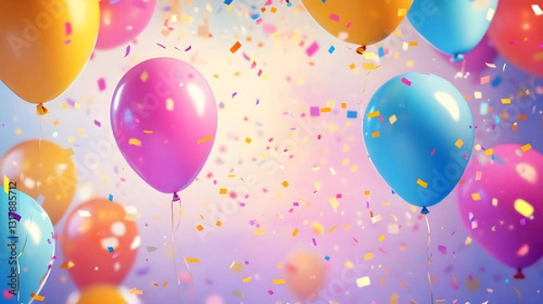 Obraz Colorful carnival festival background with bright balloons confetti and decorative lights