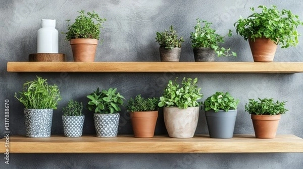 Fototapeta A set of wooden shelves displaying various potted plants and decorative items.