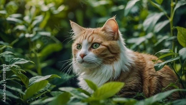 Fototapeta Adorable plush cat seated among lush green leaves, creating a beautiful and charming atmosphere.