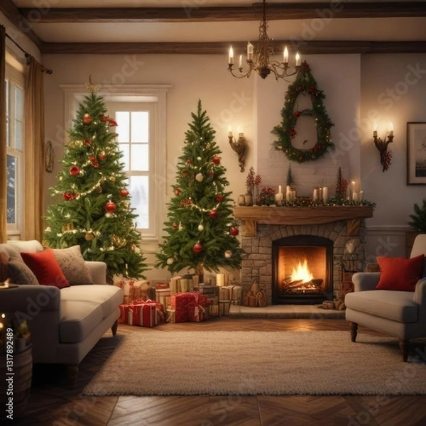 Fototapeta A cozy living room with a Christmas tree and fireplace , Winter Wonderland, Holiday Decor
