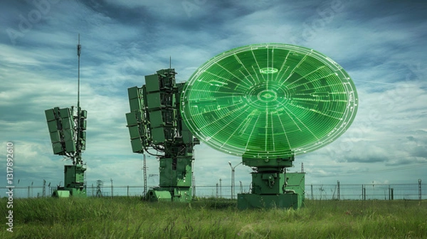 Fototapeta Green Radar Dome And Antennas In Field With Cloudy Sky Green Radar Dome And Antennas Technology Military Surveillance Defense Communication Security