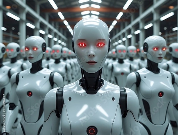 Obraz Futuristic humanoid robots with glowing red eyes standing in perfect formation in a high-tech industrial warehouse, symbolizing AI, automation, and advanced robotics

