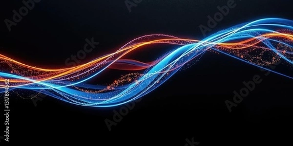 Obraz A mesmerizing abstract wave of glowing blue and orange hues appears on a dark canvas, with shiny particles suspended within its undulating form, swirling motion, radiant spectrum, cosmic energy