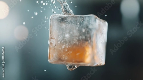 Fototapeta Extreme macro shot captures the intricate details of ice melting with a drop of liquid focused vibrantly
