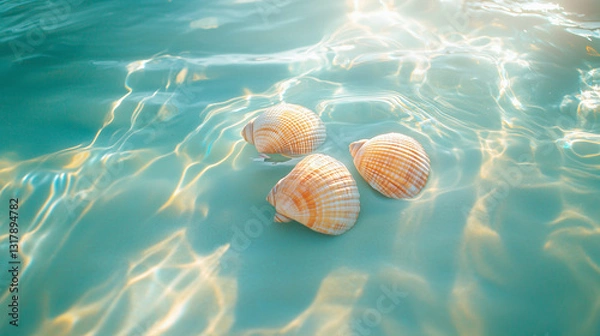 Fototapeta An abstract summer still life features shells on seawater with gradient colors of blue, turquoise, green, and mint, creating a relaxing vibe.