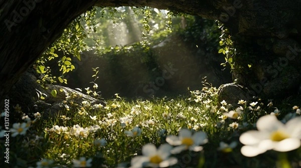 Fototapeta Sunlit Forest Glade with White Flowers