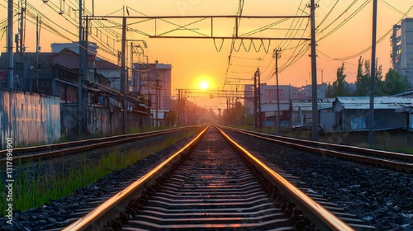 Fototapeta Golden Sunset Over Train Tracks In An Urban Setting With Buildings And Power Lines