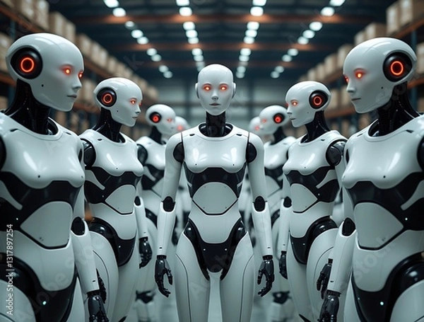 Fototapeta Futuristic humanoid robots with glowing red eyes standing in perfect formation in a high-tech industrial warehouse, symbolizing AI, automation, and advanced robotics

