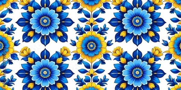 Fototapeta Seamless vector floral pattern with vivid yellow and blue flowers and leaves, ideal for spring design themes, wrapping paper, and stylish modern digital backdrops



