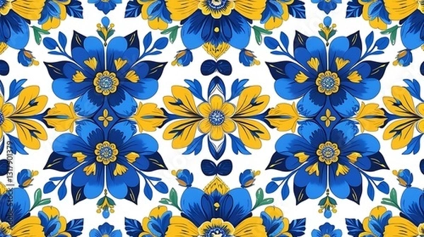 Fototapeta Seamless vector floral pattern with vivid yellow and blue flowers and leaves, ideal for spring design themes, wrapping paper, and stylish modern digital backdrops


