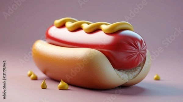 Fototapeta Delicious Hot Dog with Mustard Topping on a Soft Bun, 3D Illustration for Food and Culinary Des