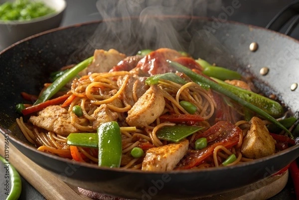 Fototapeta Stir Fry Noodles with Chicken and Vegetables Cooking in a Wok on High Heat, Creating Steam