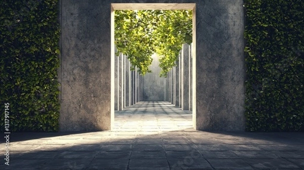 Fototapeta Sunlit Green Pathway Through Modern Concrete Structure