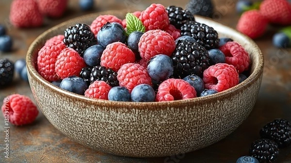 Fototapeta a photorealistic depiction of a bowl filled with mixed wild berries including luscious raspberries blueberries and blackberries