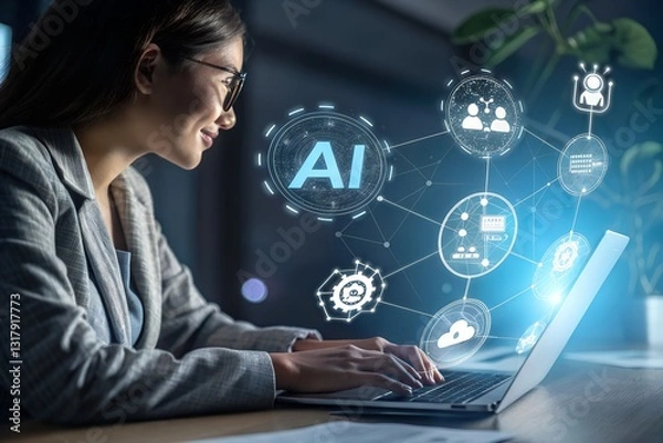 Fototapeta Young professional woman using laptop with AI technology for data analysis and communication