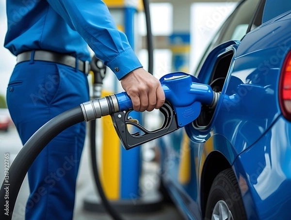 Fototapeta Fueling a modern blue car at a gas station, captured in sharp detail showing the pump nozzle in the tank, symbolizing transportation, energy consumption, and mobility

