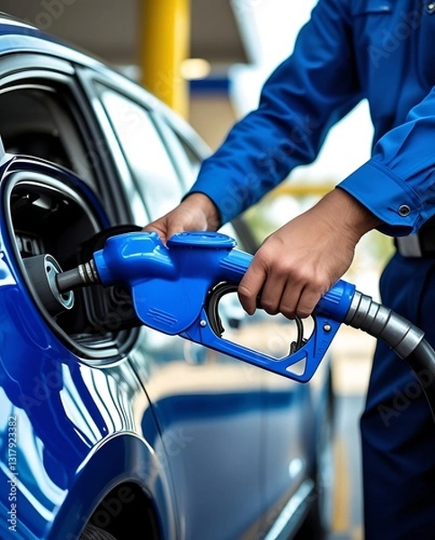 Fototapeta Fueling a modern blue car at a gas station, captured in sharp detail showing the pump nozzle in the tank, symbolizing transportation, energy consumption, and mobility

