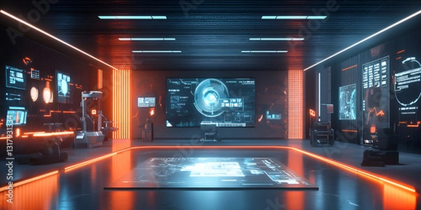 Obraz Futuristic High-Tech Control Room with Digital Interfaces