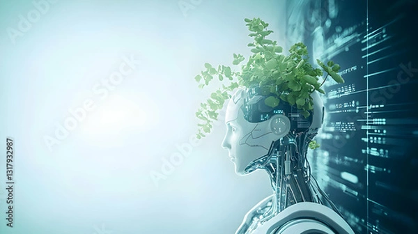 Fototapeta Artificial Intelligence Symbolized By A Female Robot With Growing Plants Highlighting The Harmony Between Nature And Technology In A Futuristic