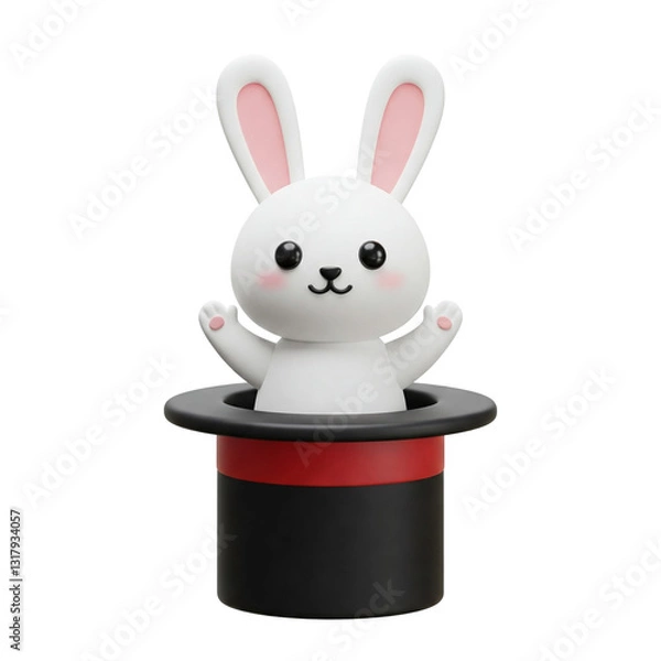 Fototapeta Collection of Isolated Cheerful 3D White Rabbit Characters Popping out of a Classic Magician's Hat