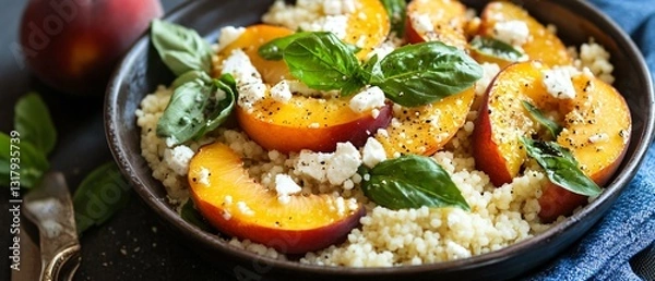Fototapeta Professional image of Peaches with Feta Cheese and Couscous for Culinary Presentations and Gourmet Recipes