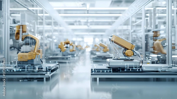 Fototapeta Automated Assembly Line With Orange And White Industrial Robots In Modern High Tech Factory With Bright Clean Environment For Advanced Manufacturing