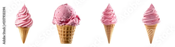 Obraz Assorted Pink Ice Cream Cones with Swirls and Scoops on White Background, PNG bundle collection, Isolated on Transparent Background