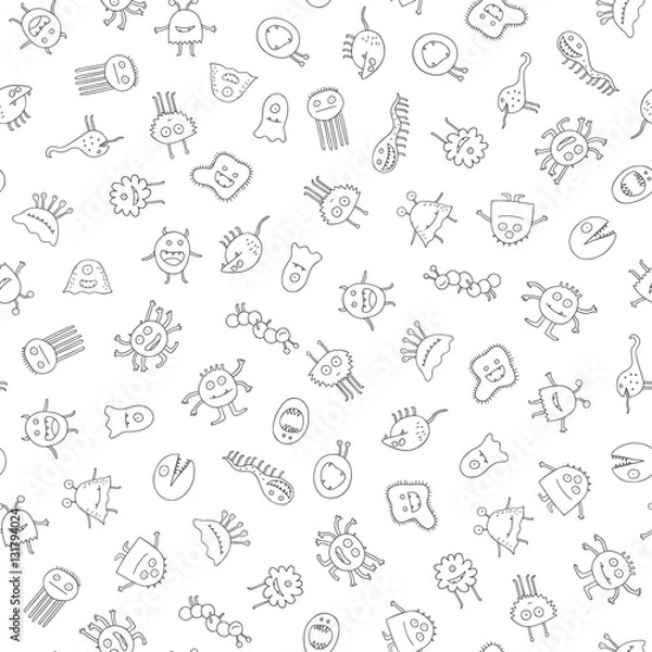 Fototapeta An illustrated icons of different monsters in black and white. Seamless pattern.