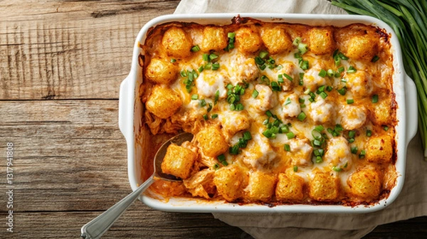 Fototapeta Buffalo chicken tater tot casserole baked to golden perfection with creamy sauce and topped with green onions in a rustic kitchen setting