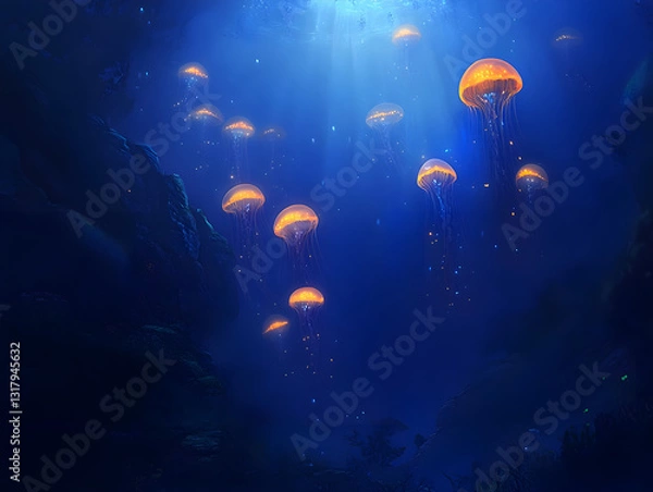 Fototapeta A school of glowing jellyfish drifting gracefully in the deep ocean, illuminated by bioluminescence