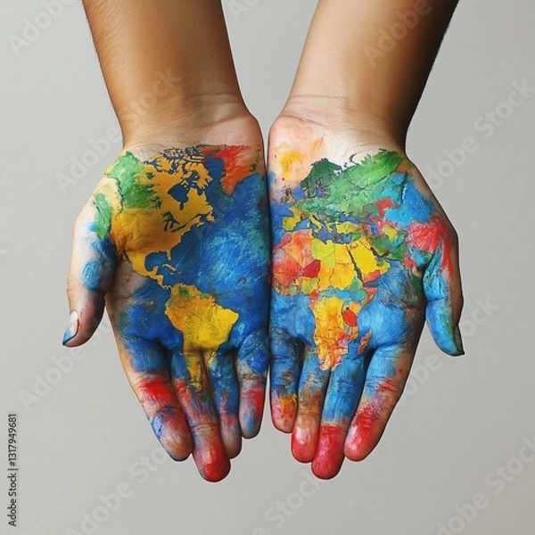 Fototapeta Professional usage of world map painted on hands image for global concepts and educational purposes
