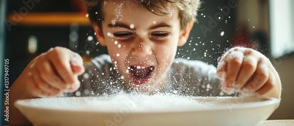 Fototapeta Professional Image of Young Boy Demonstrating Excess Salt Usage for Educational Material