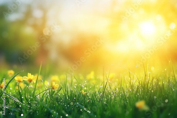 Obraz spring background with blurred green grass and sun rays.