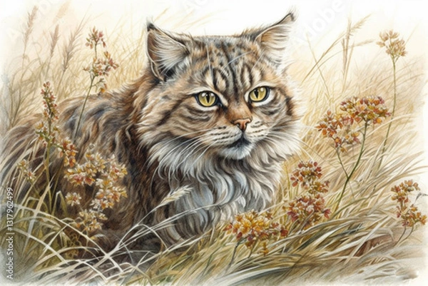 Fototapeta brown Siberian fluffy cat among the autumn grass in the field., watercolor style, Generative AI
