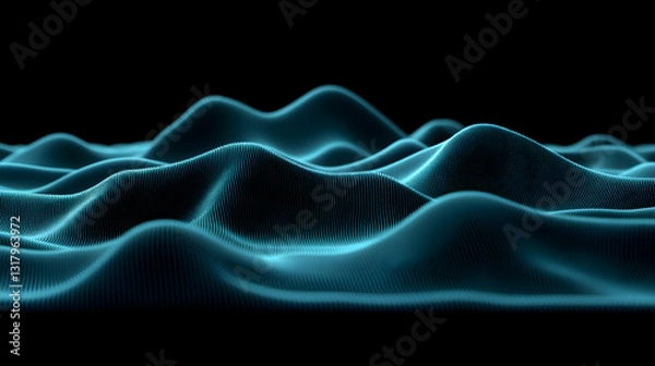 Fototapeta Abstract teal wave pattern, digital landscape, flowing particles, dark background, technology concept, 3D rendering, futuristic design.