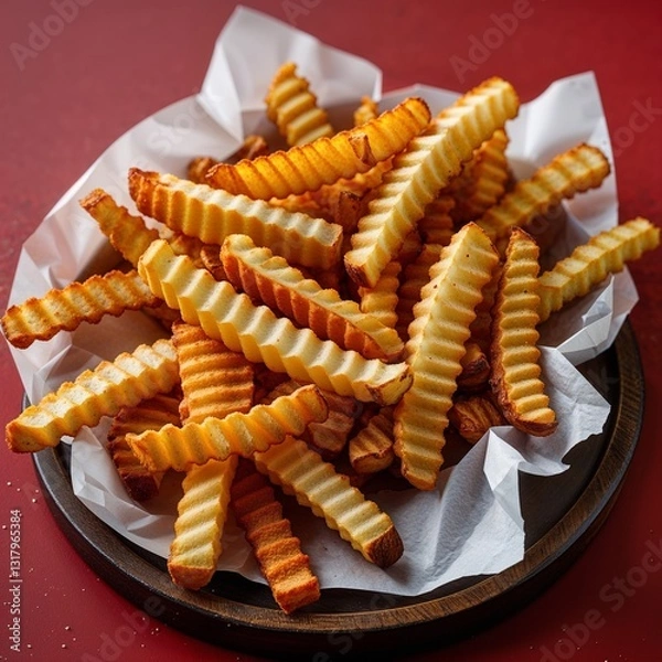 Fototapeta Crinkle Cut Fries Wavy fries with a crisp outside and soft inside food portrait photography display on red background