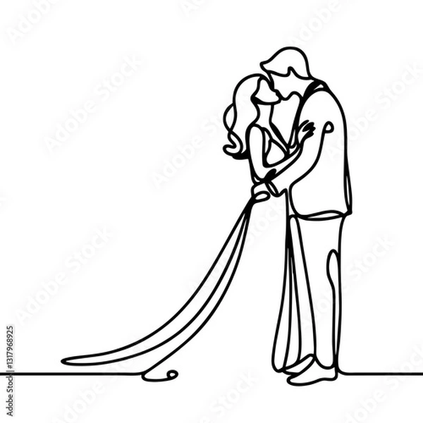 Fototapeta Romantic line art of a bride and groom sharing their first kiss on their wedding day, drawn in a minimalist continuous line style.