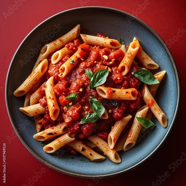 Fototapeta Penne Arrabbiata Penne with a spicy tomato sauce made with garlic and chili flakes food portrait photography display on red background