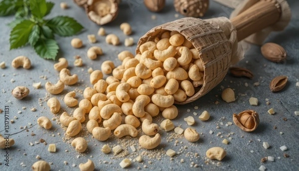 Fototapeta Loose Cashew Nuts Spilling from Natural Basket on Rustic Surface