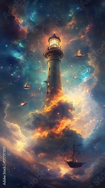 Fototapeta Cosmic Lighthouse in a Dreamlike Universe with Sailing Ships