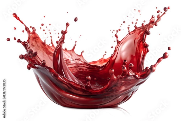 Fototapeta Dynamic Red Liquid Splash with Droplets Isolated on White Background