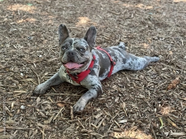 Obraz A happy French Bulldog lies on the ground in a park, enjoying the warm weather. High quality photo