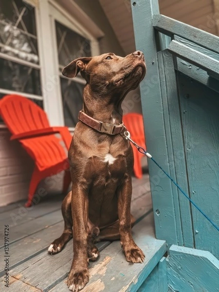 Obraz A brown dog sits patiently on a porch, looking upward while leashed. High quality photo